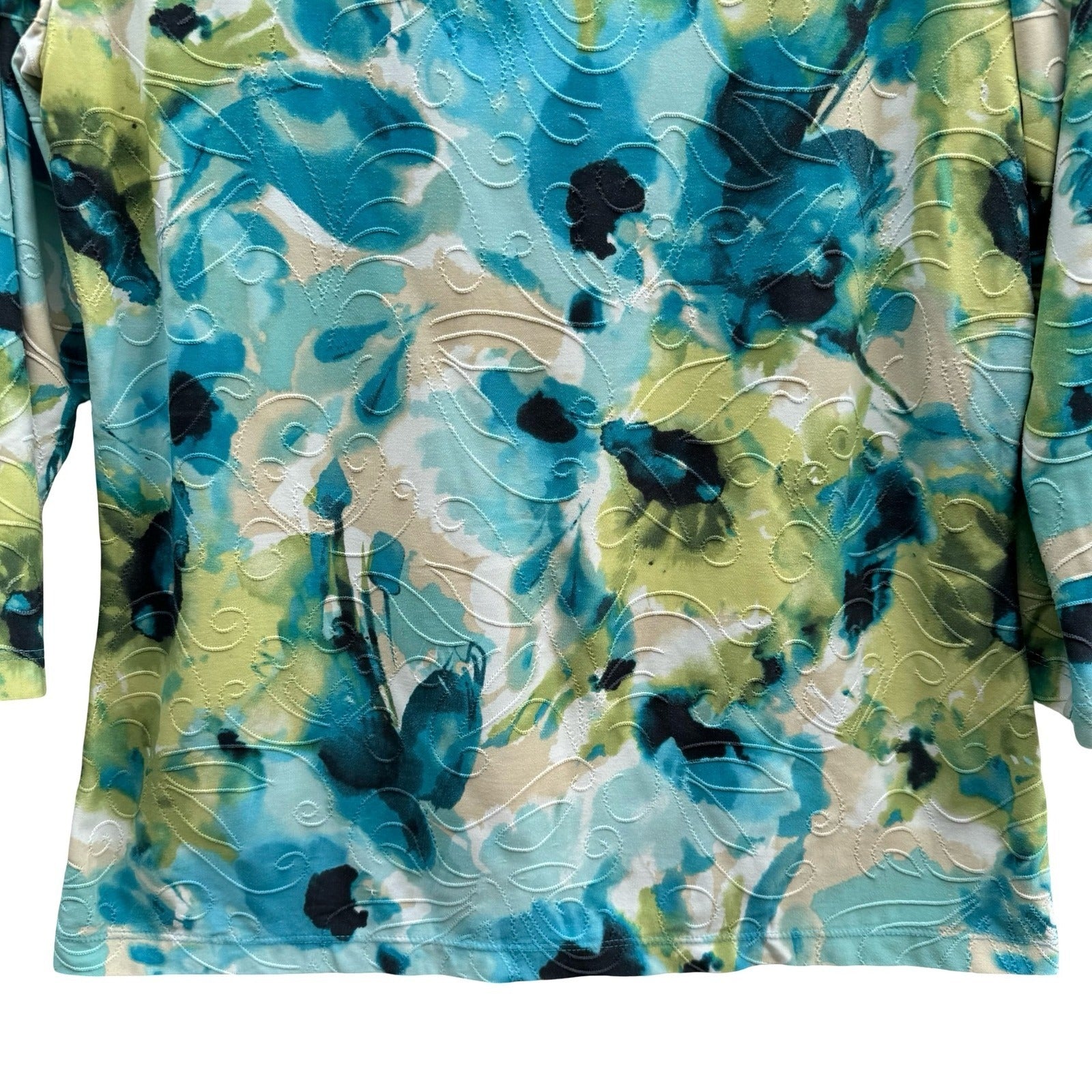 JM Collection Art To Wear Watercolor Floral 3/4 Sleeve Textured Boho Top Teal S
