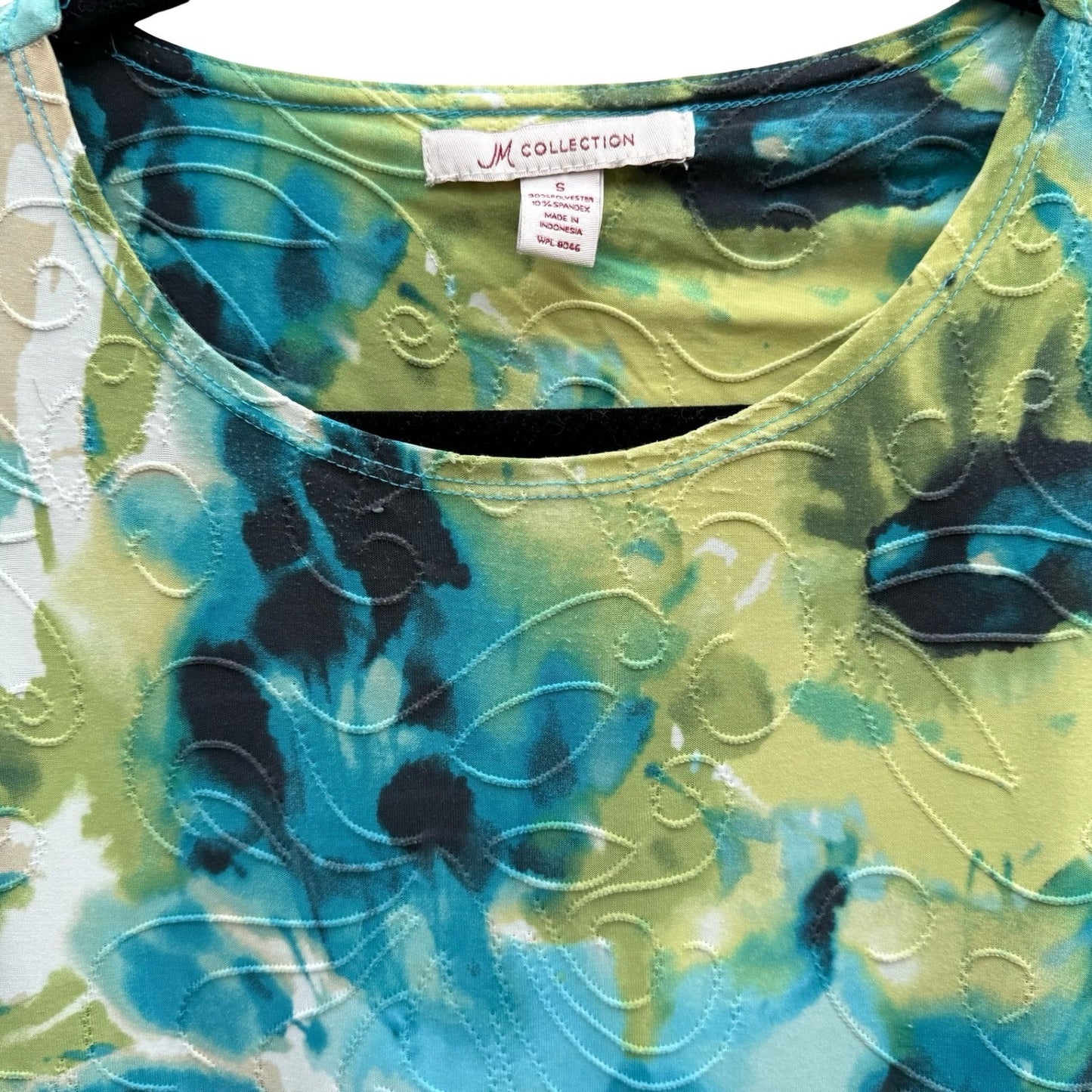 JM Collection Art To Wear Watercolor Floral 3/4 Sleeve Textured Boho Top Teal S