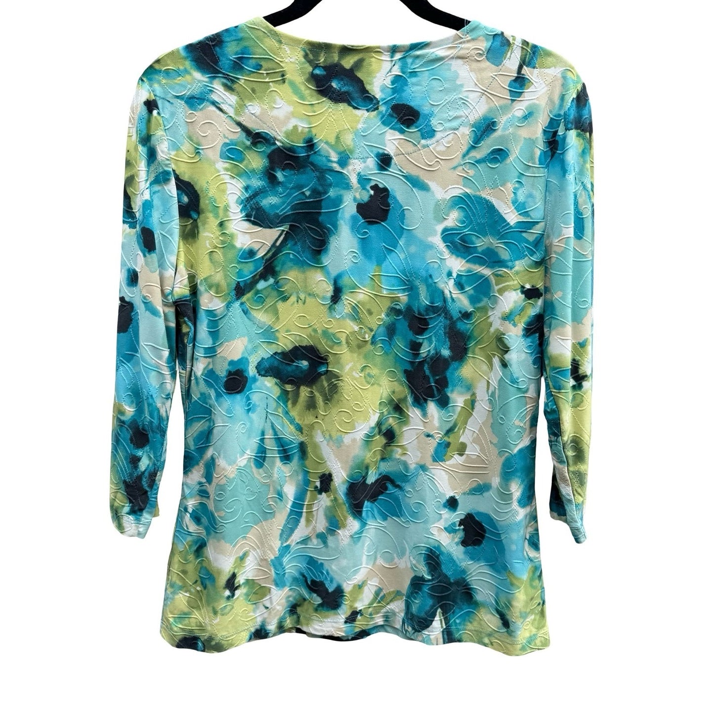 JM Collection Art To Wear Watercolor Floral 3/4 Sleeve Textured Boho Top Teal S