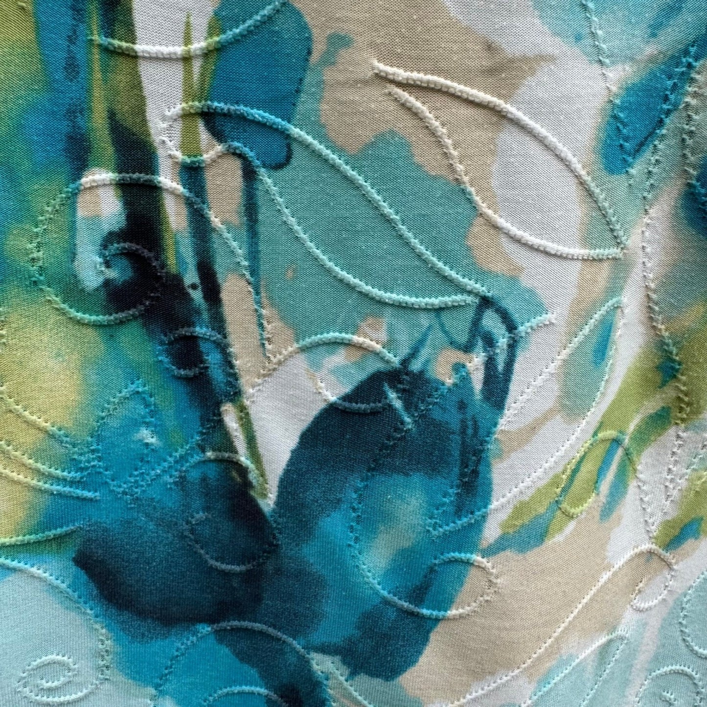 JM Collection Art To Wear Watercolor Floral 3/4 Sleeve Textured Boho Top Teal S