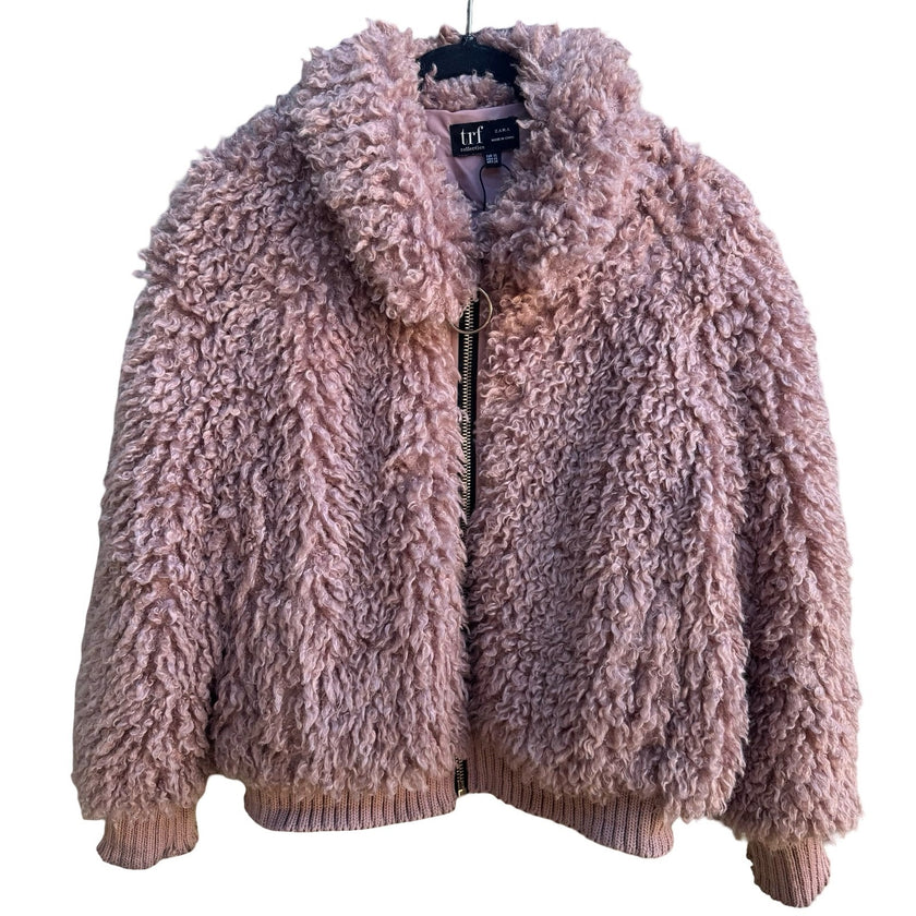 Zara TRF Y2K Boho Festival Faux Fur Teddy Sherpa Bomber Jacket Pastel Pink XS