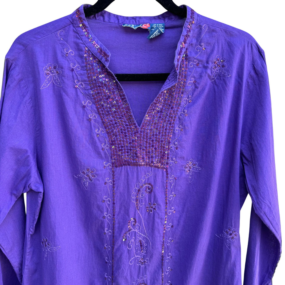 Phool Vintage Womens Purple Embroidered V Neck Bollywood Boho Sequin Tunic Med