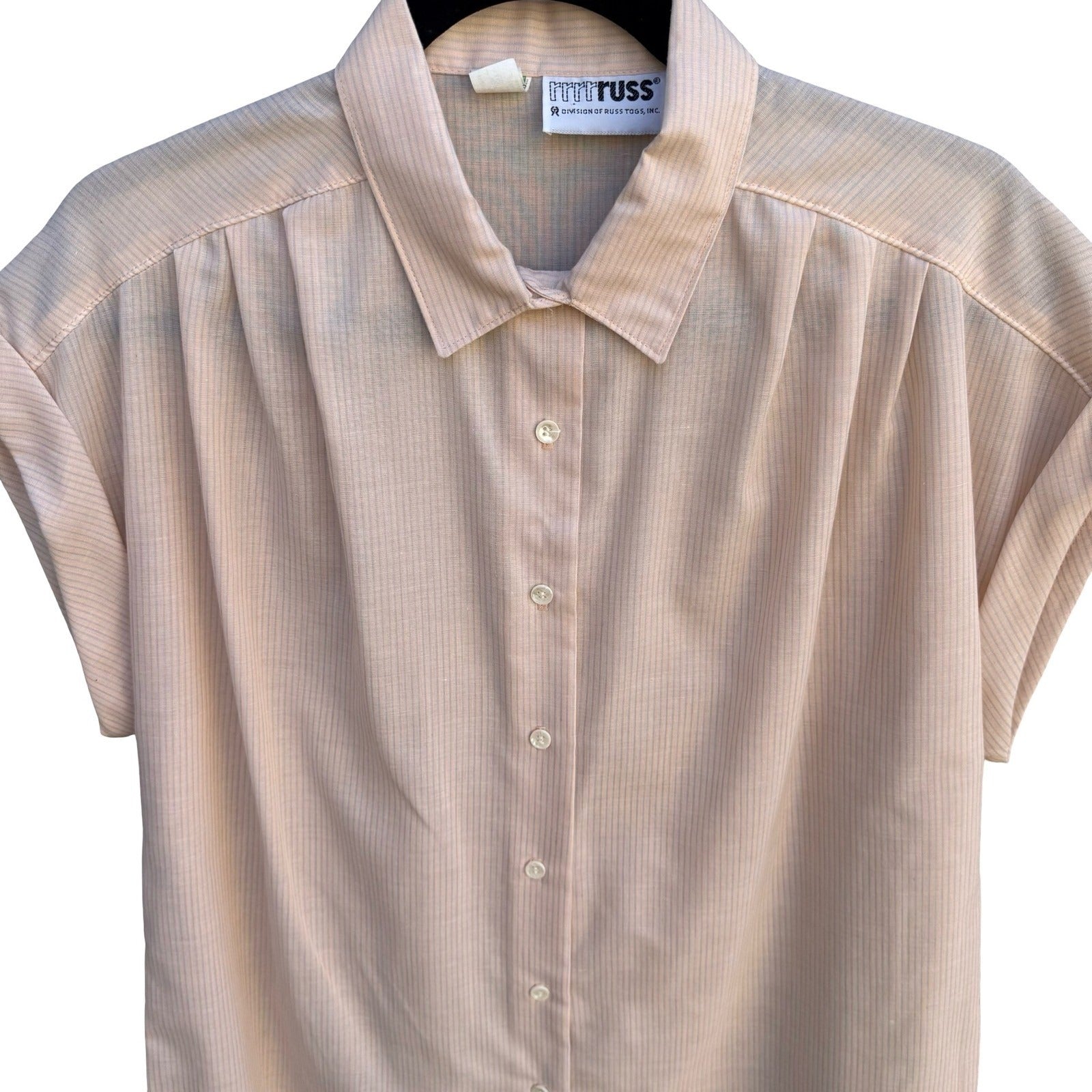 Russ Toggs Vintage Peach Blue Pinstripe Short Sleeve Button Down Shirt Womens 16