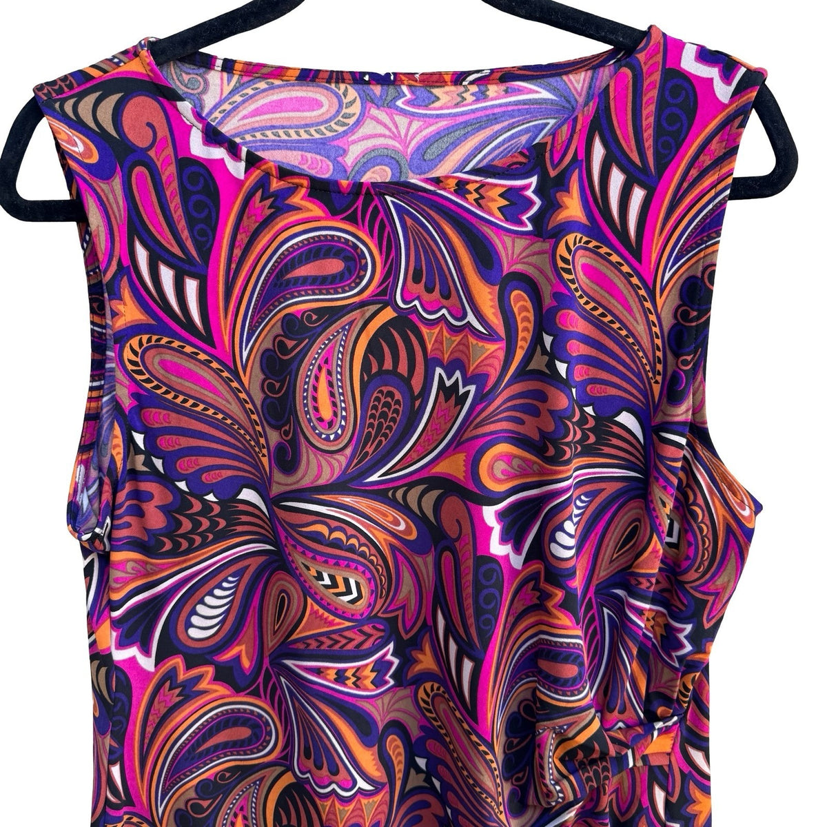 Kasper Boho Psychedelic Mod Careerwear Side Drape Paisley Sleeveless Blouse M