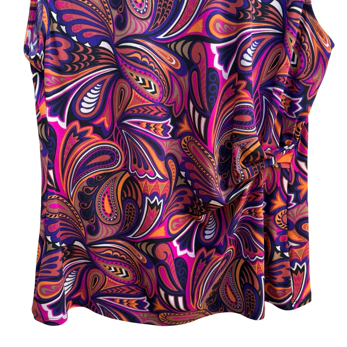 Kasper Boho Psychedelic Mod Careerwear Side Drape Paisley Sleeveless Blouse M