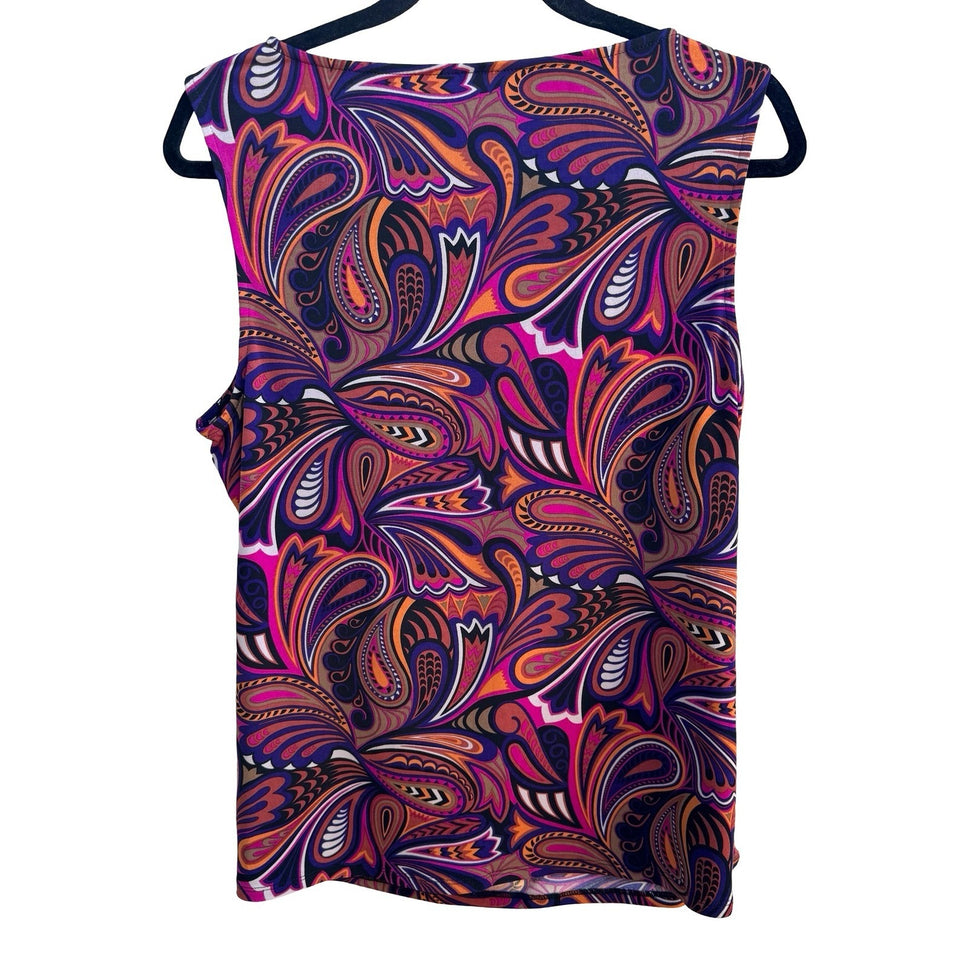 Kasper Boho Psychedelic Mod Careerwear Side Drape Paisley Sleeveless Blouse M