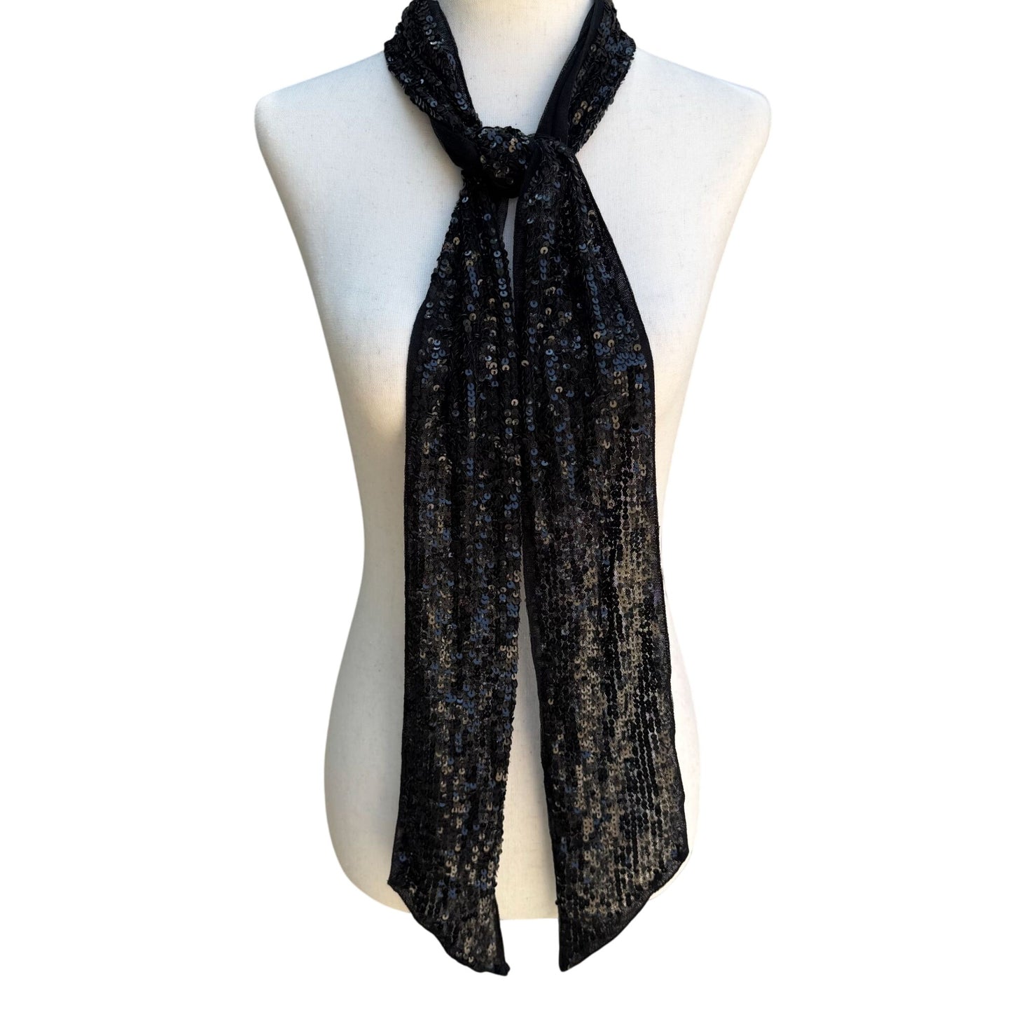 Valerie Stevens Vintage Womens Black Glam Party Sequin Mesh Scarf Wrap Belt Tie