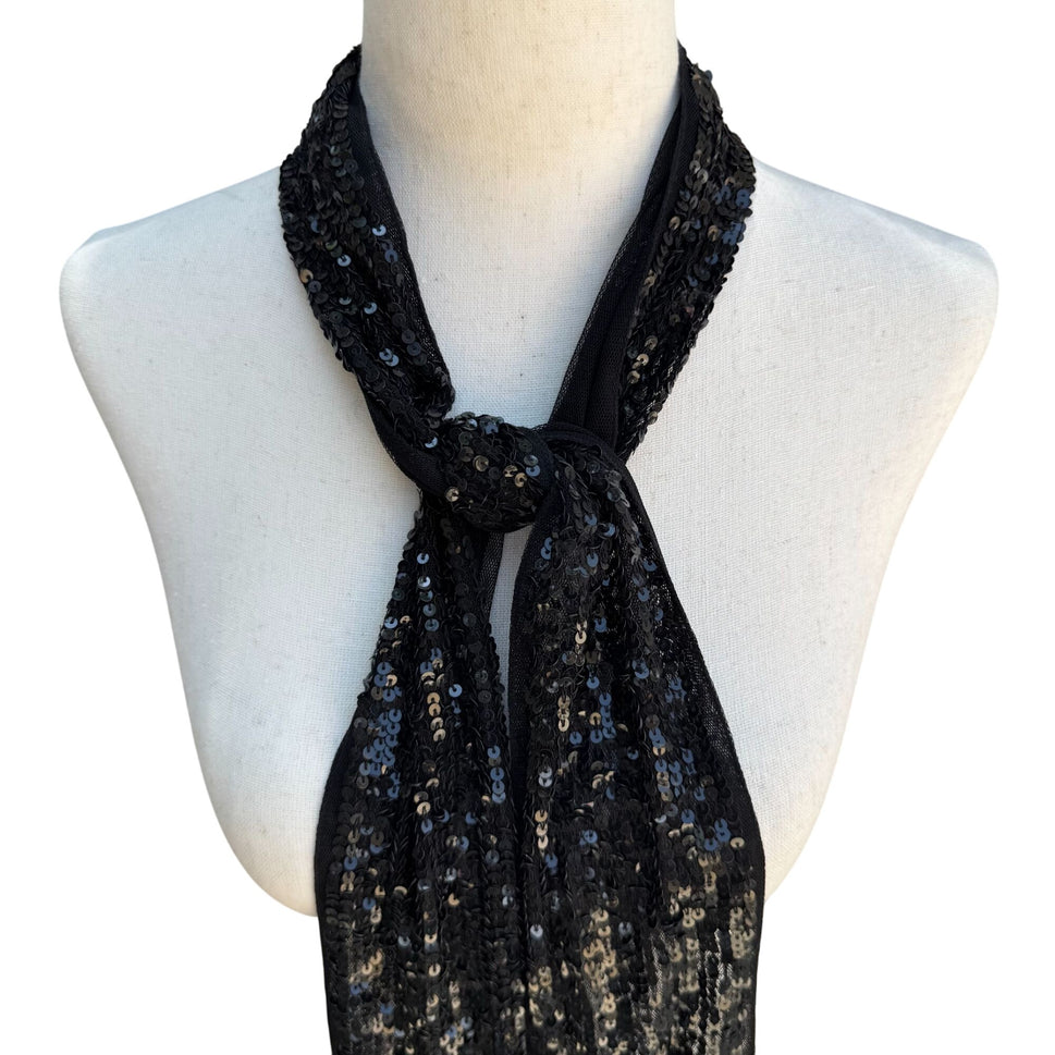 Valerie Stevens Vintage Womens Black Glam Party Sequin Mesh Scarf Wrap Belt Tie
