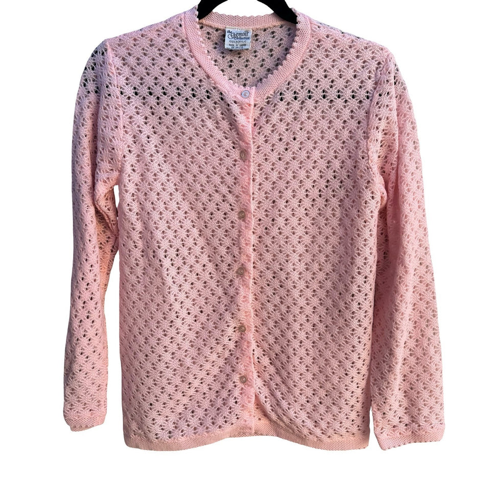 Gemini Vintage 70s 80s Coquette Pointelle Scalloped Knit Cardigan Pastel Pink L