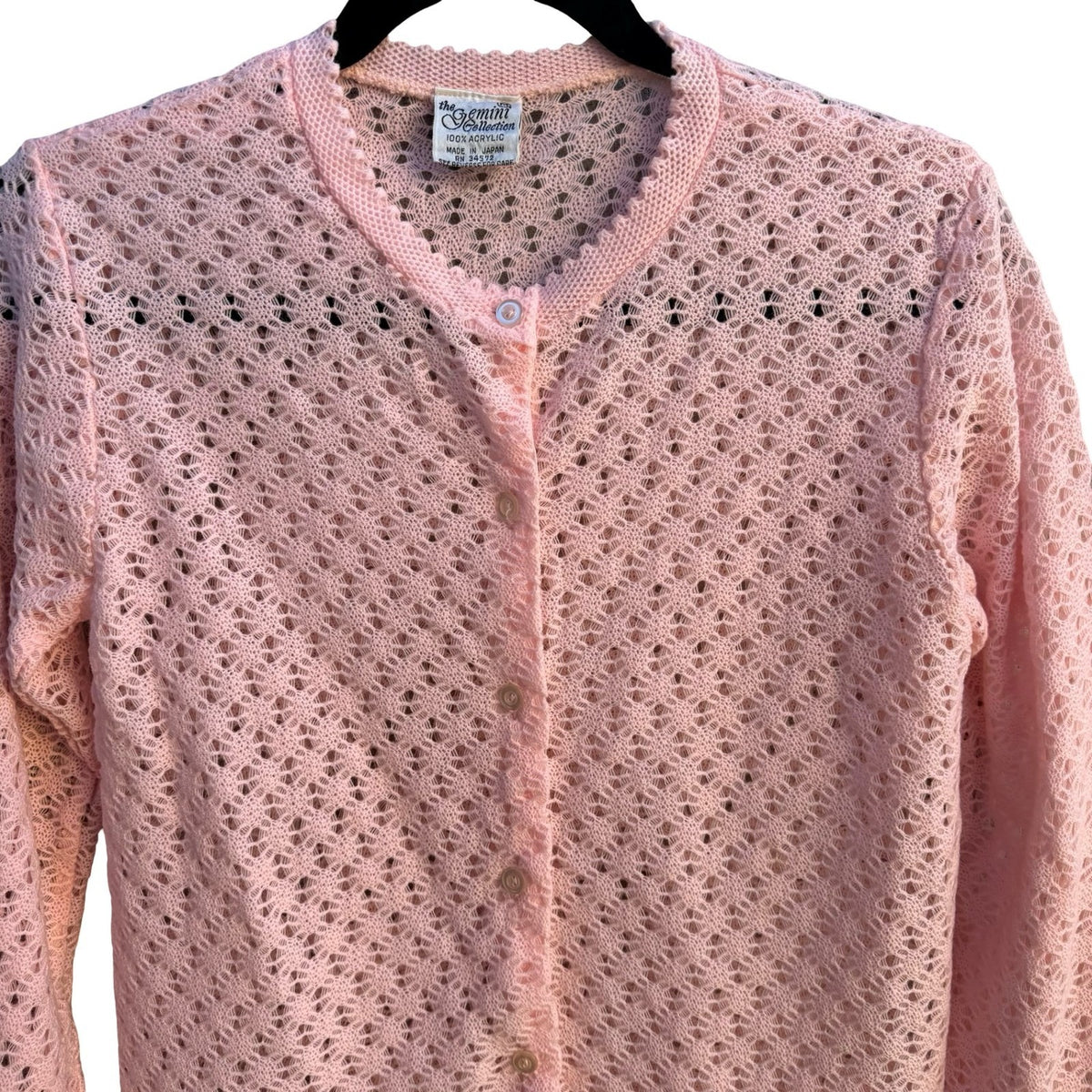 Gemini Vintage 70s 80s Coquette Pointelle Scalloped Knit Cardigan Pastel Pink L