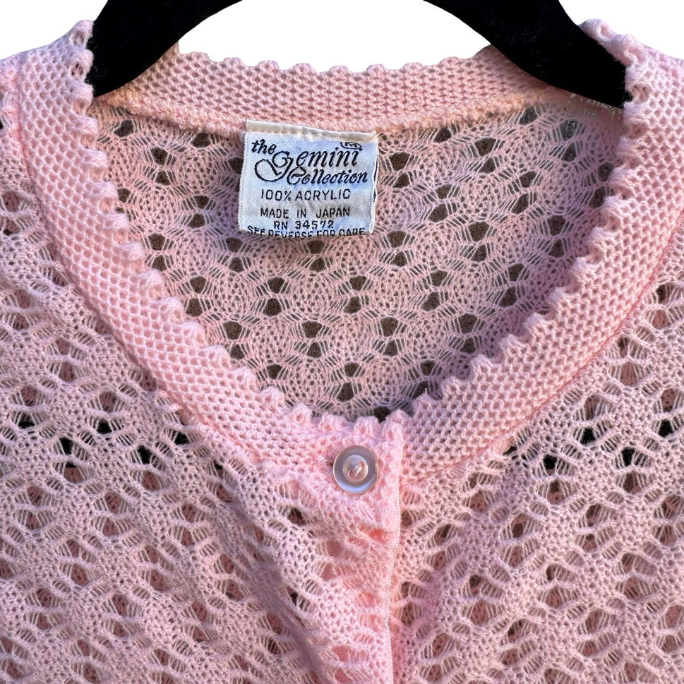 Gemini Vintage 70s 80s Coquette Pointelle Scalloped Knit Cardigan Pastel Pink L