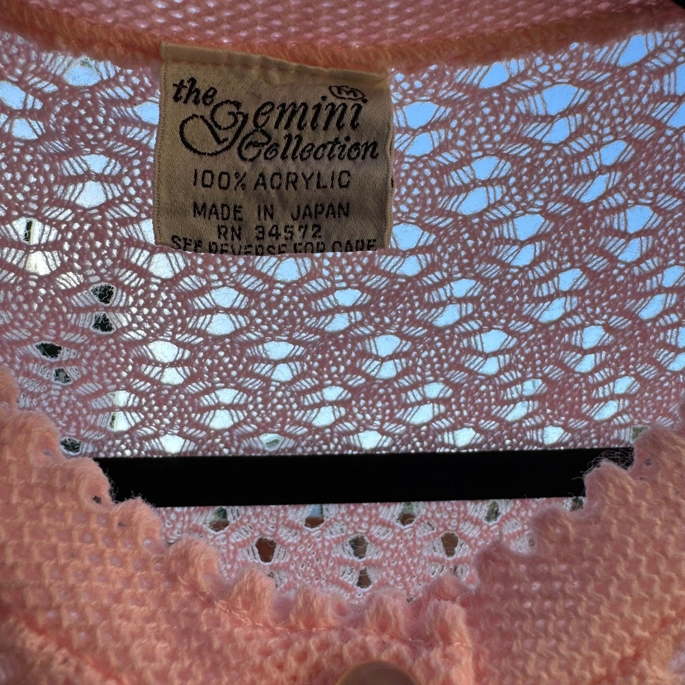 Gemini Vintage 70s 80s Coquette Pointelle Scalloped Knit Cardigan Pastel Pink L