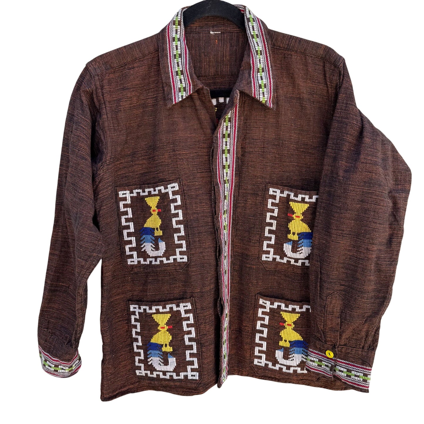 Vintage Womens Handwoven Brown Colorful Aztec Guatamalan Embroidered Jacket XL