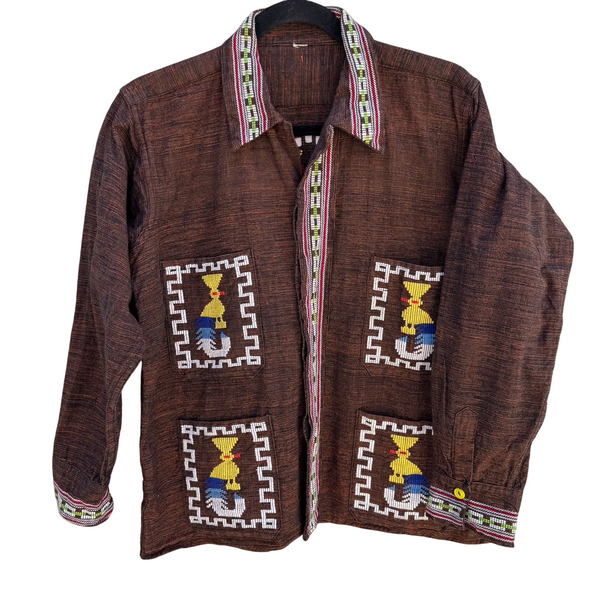 Vintage Womens Handwoven Brown Colorful Aztec Guatamalan Embroidered Jacket XL