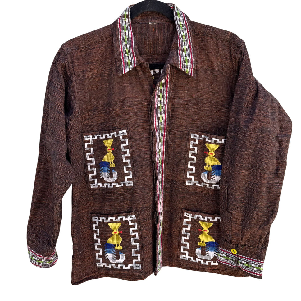 Vintage Womens Handwoven Brown Colorful Aztec Guatamalan Embroidered Jacket XL