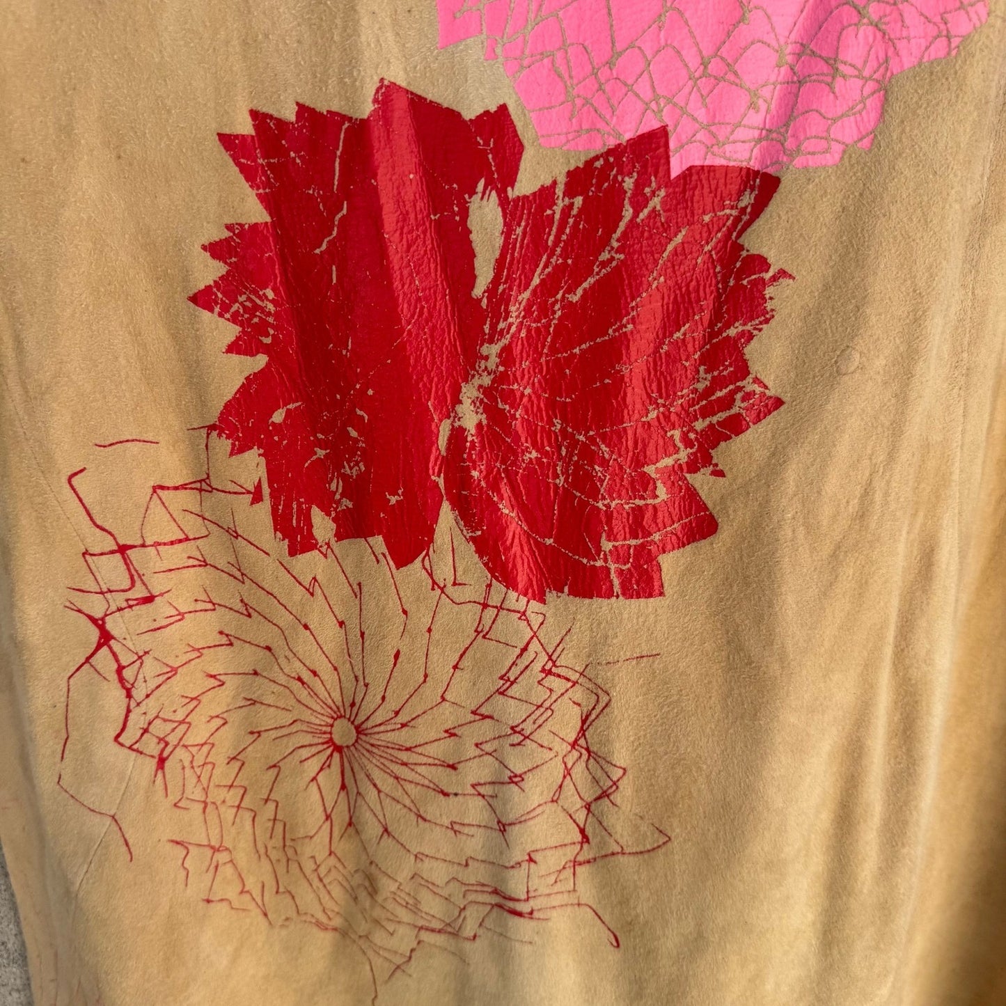 DKNY Y2K Boho Suede Leather Midi Skirt Painted Floral Graphic Artsy Tan Womens 4