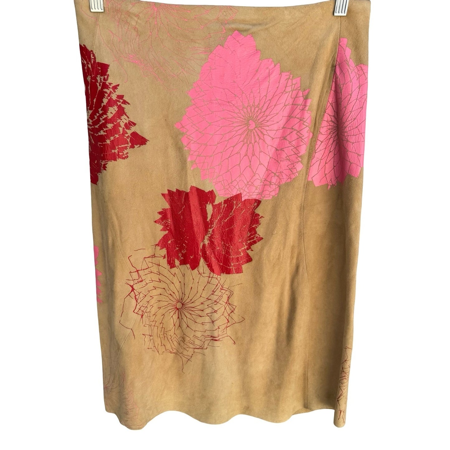 DKNY Y2K Boho Suede Leather Midi Skirt Painted Floral Graphic Artsy Tan Womens 4