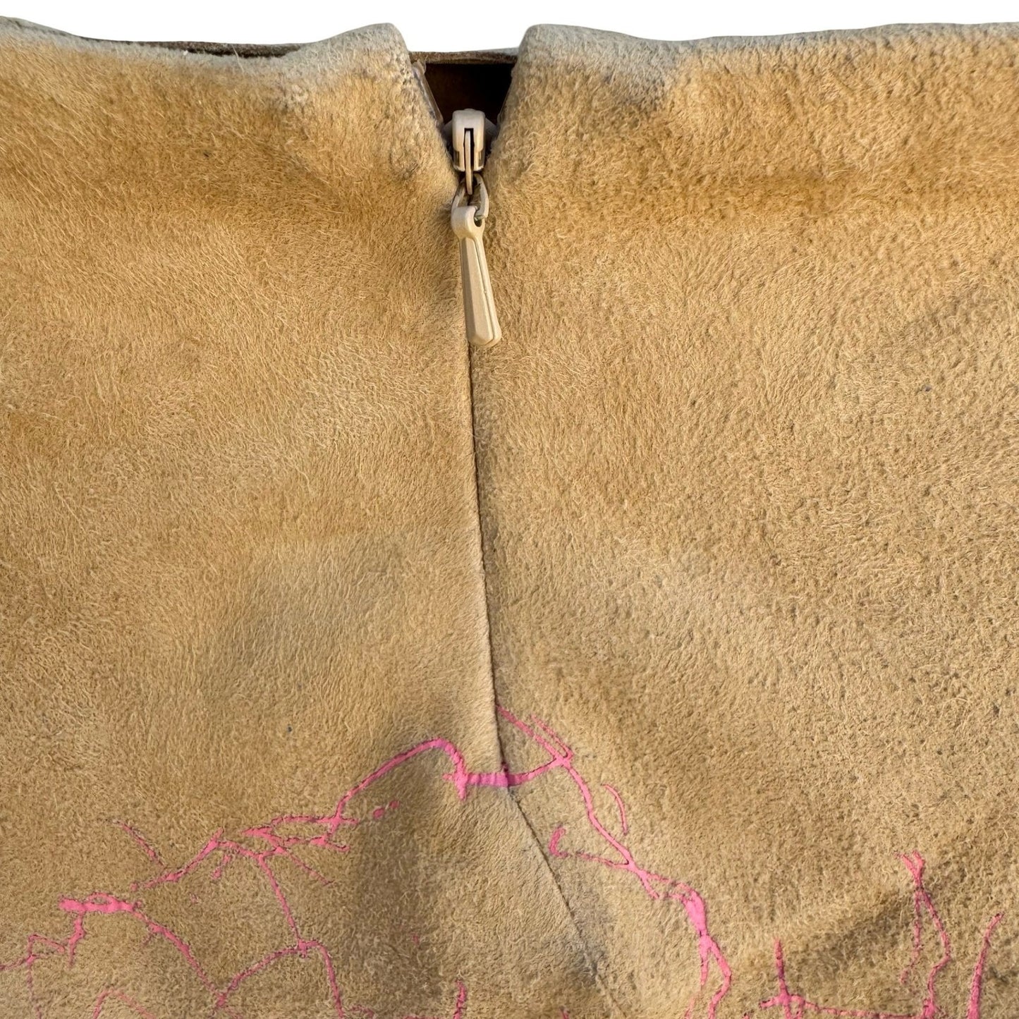 DKNY Y2K Boho Suede Leather Midi Skirt Painted Floral Graphic Artsy Tan Womens 4