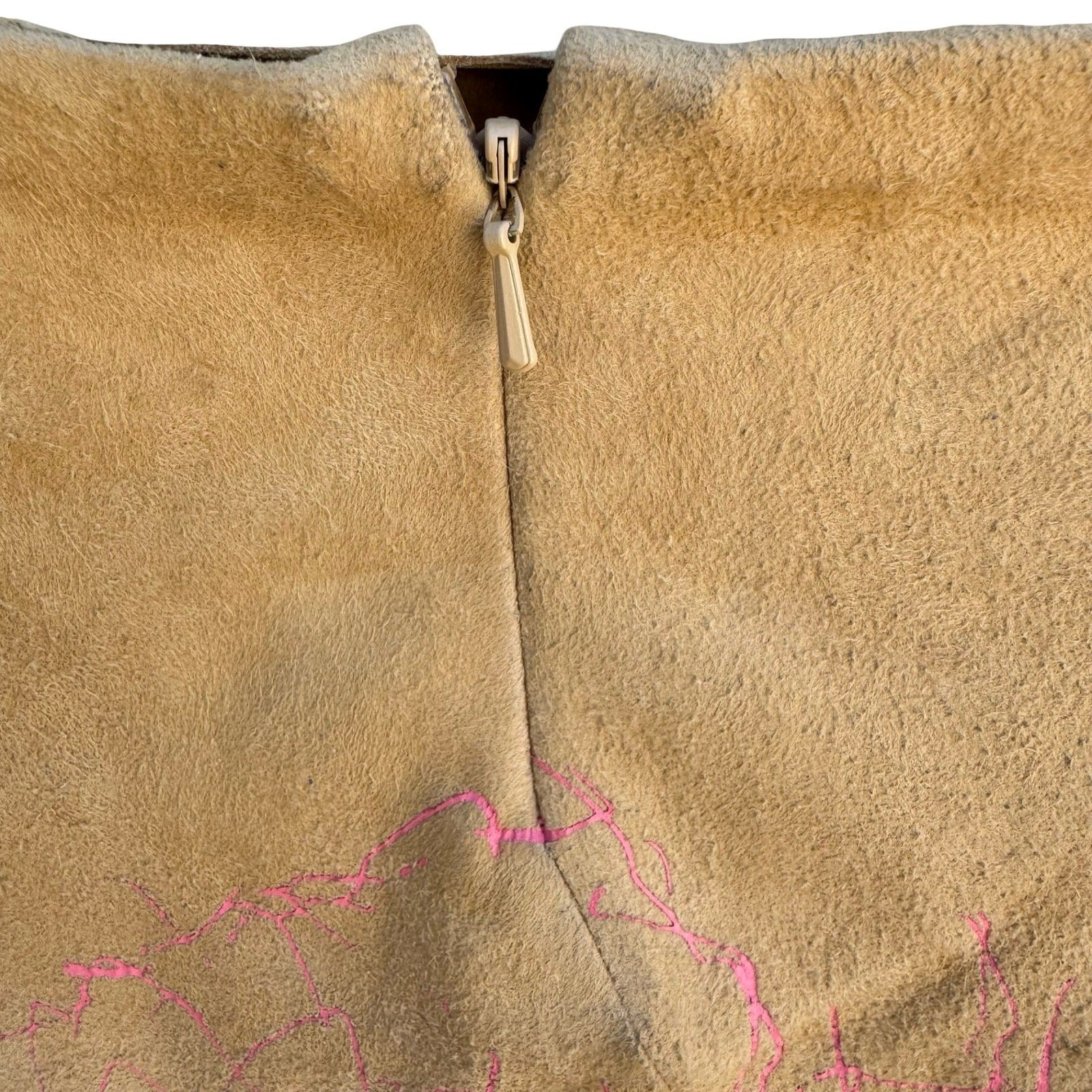DKNY Y2K Boho Suede Leather Midi Skirt Painted Floral Graphic Artsy Tan Womens 4