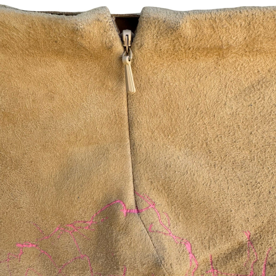 DKNY Y2K Boho Suede Leather Midi Skirt Painted Floral Graphic Artsy Tan Womens 4