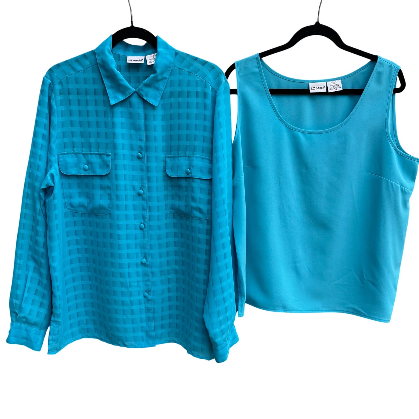 Liz Baker Womens Preppy Windowpane Semi Sheer Turquoise Blouse & Tank Set 16