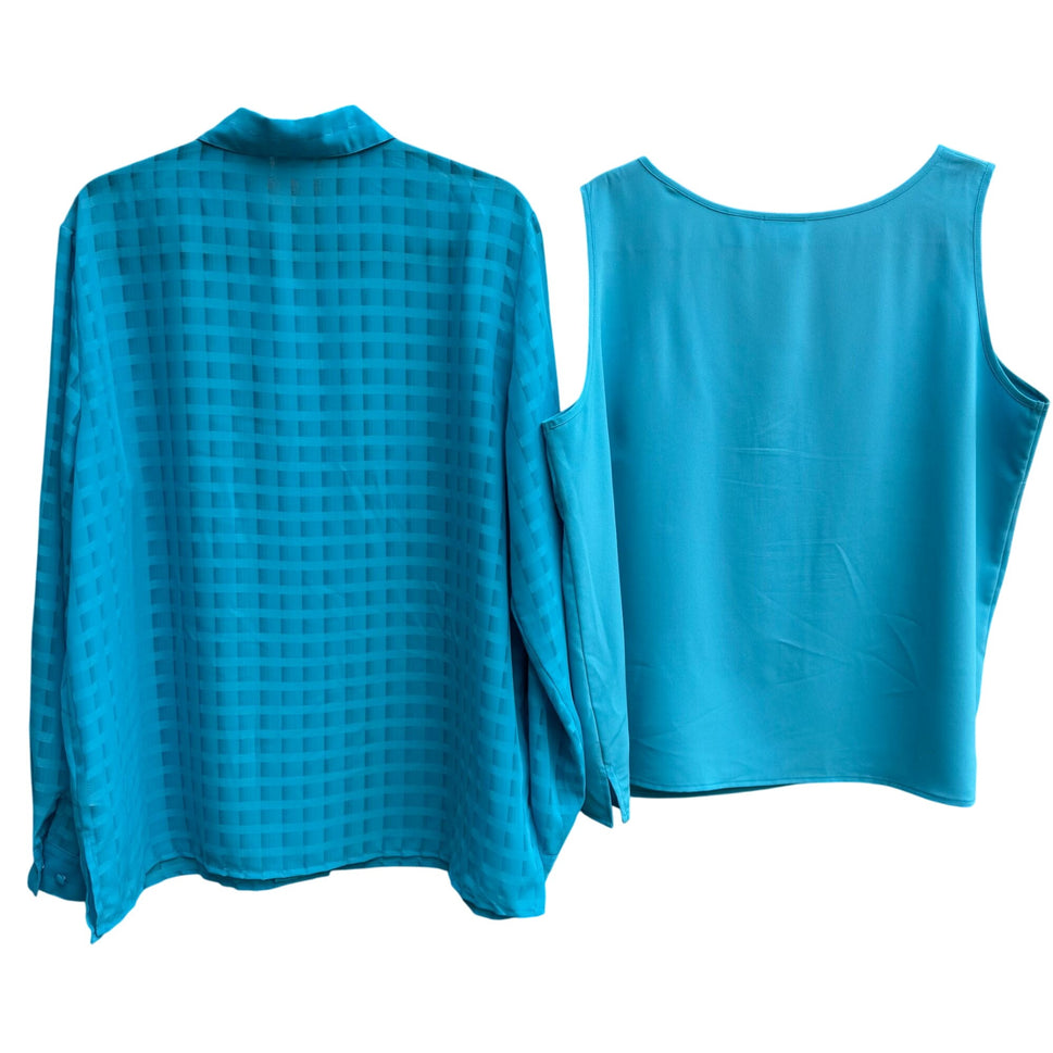Liz Baker Womens Preppy Windowpane Semi Sheer Turquoise Blouse & Tank Set 16