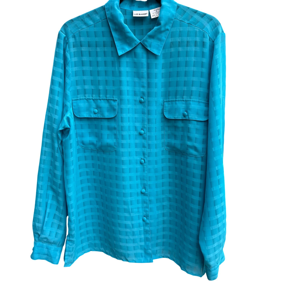 Liz Baker Womens Preppy Windowpane Semi Sheer Turquoise Blouse & Tank Set 16