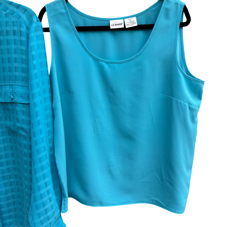 Liz Baker Womens Preppy Windowpane Semi Sheer Turquoise Blouse & Tank Set 16