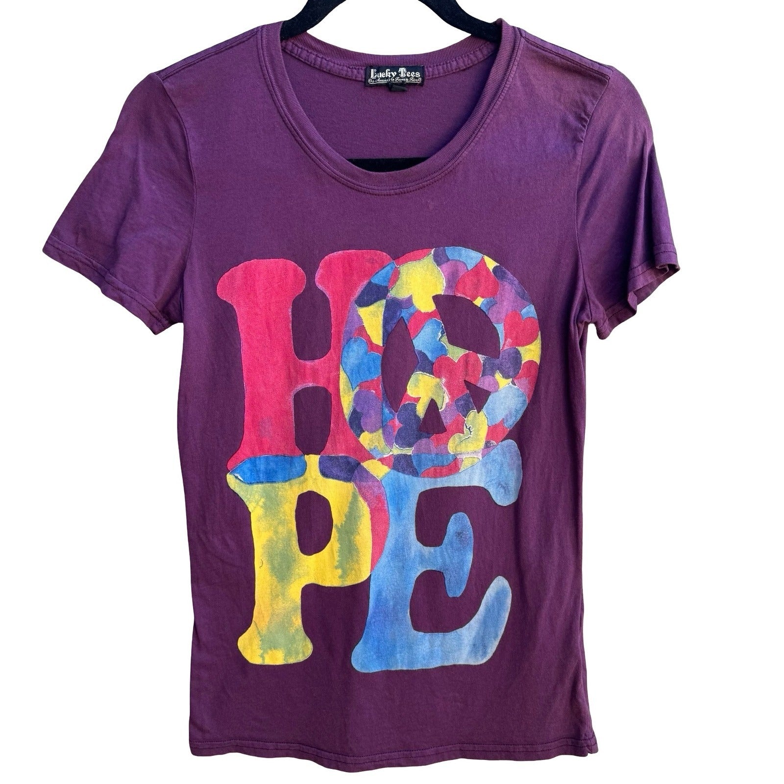 Lucky Brand Y2K Indie Hope Peace Sign Heart Graphic Babydoll T-Shirt Purple XS