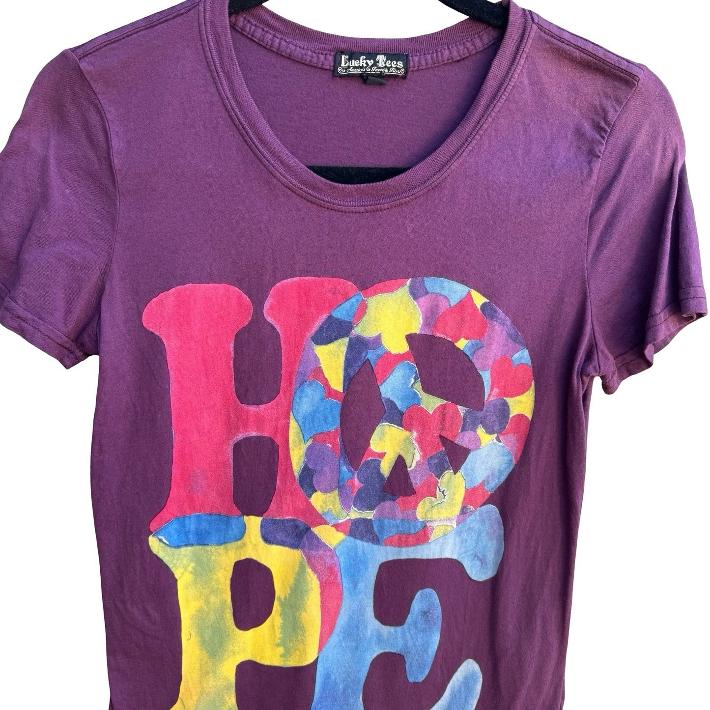 Lucky Brand Y2K Indie Hope Peace Sign Heart Graphic Babydoll T-Shirt Purple XS