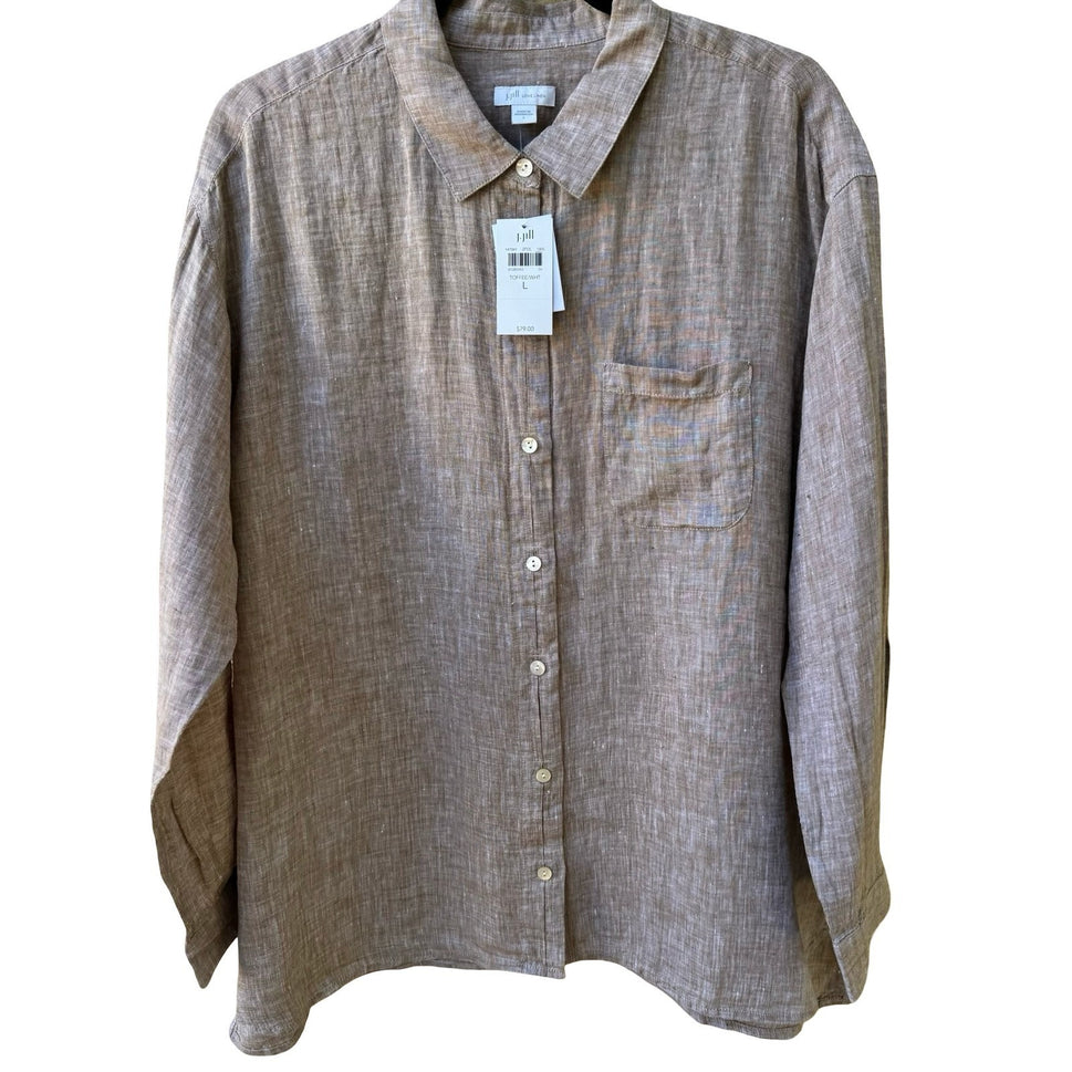 J Jill Love Linen Coastal Minimalist Lagenlook Earthy Toffee Brown Shirt L NWT