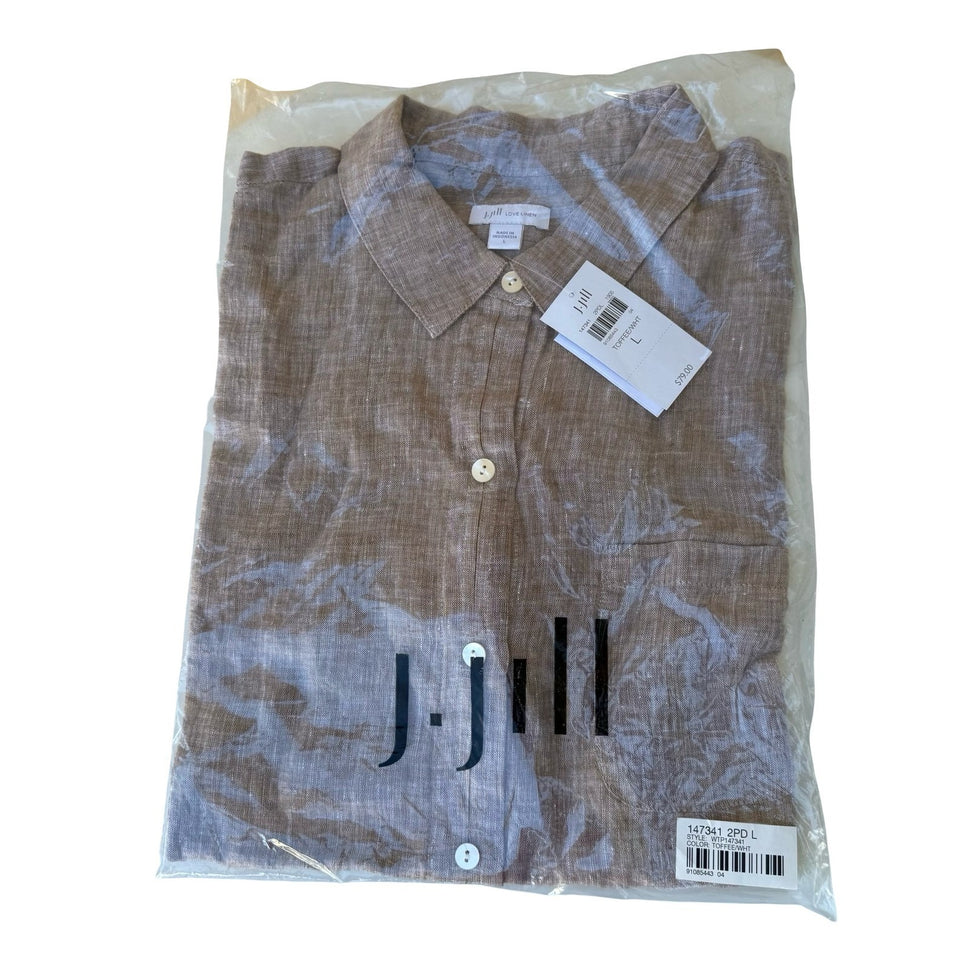 J Jill Love Linen Coastal Minimalist Lagenlook Earthy Toffee Brown Shirt L NWT