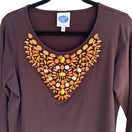 Switch DG2 Diane Gilman Brown Long Sleeve Wooden Bead Embellishment Scoop Neck Top M 2 image