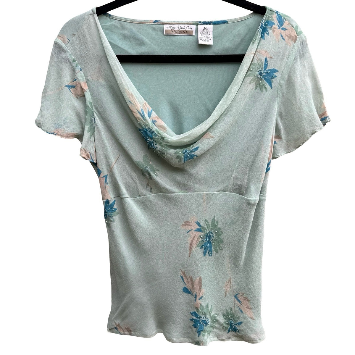 New York City Design Co Silk Y2K Fairycore Boho Floral Beaded Cowl Neck Blouse M