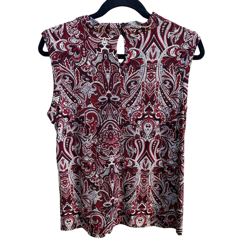 Tommy Hilfiger Preppy Paisley Tie Neck Pleated Sleeveless Blouse Red Women L NEW