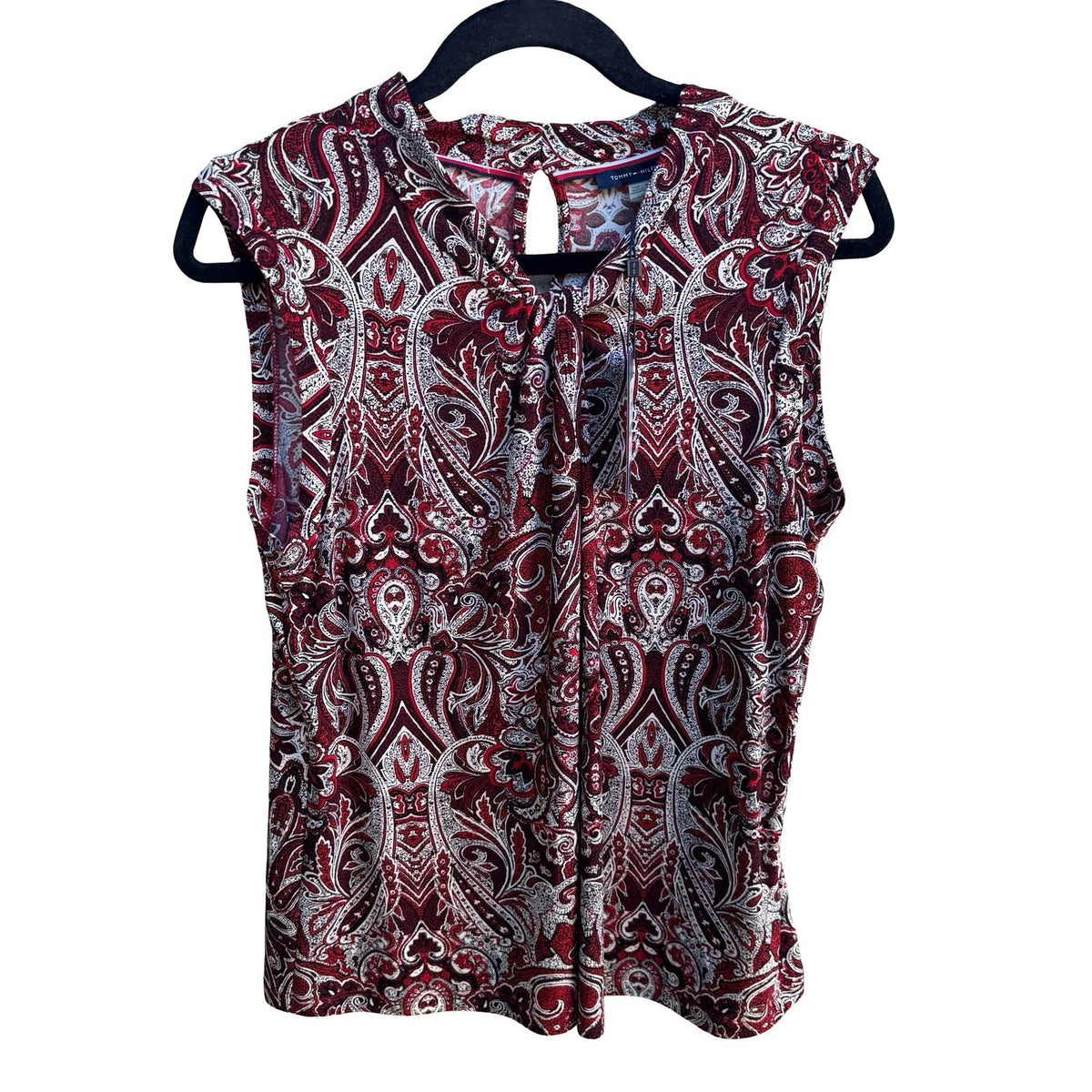 Tommy Hilfiger Preppy Paisley Tie Neck Pleated Sleeveless Blouse Red Women L NEW