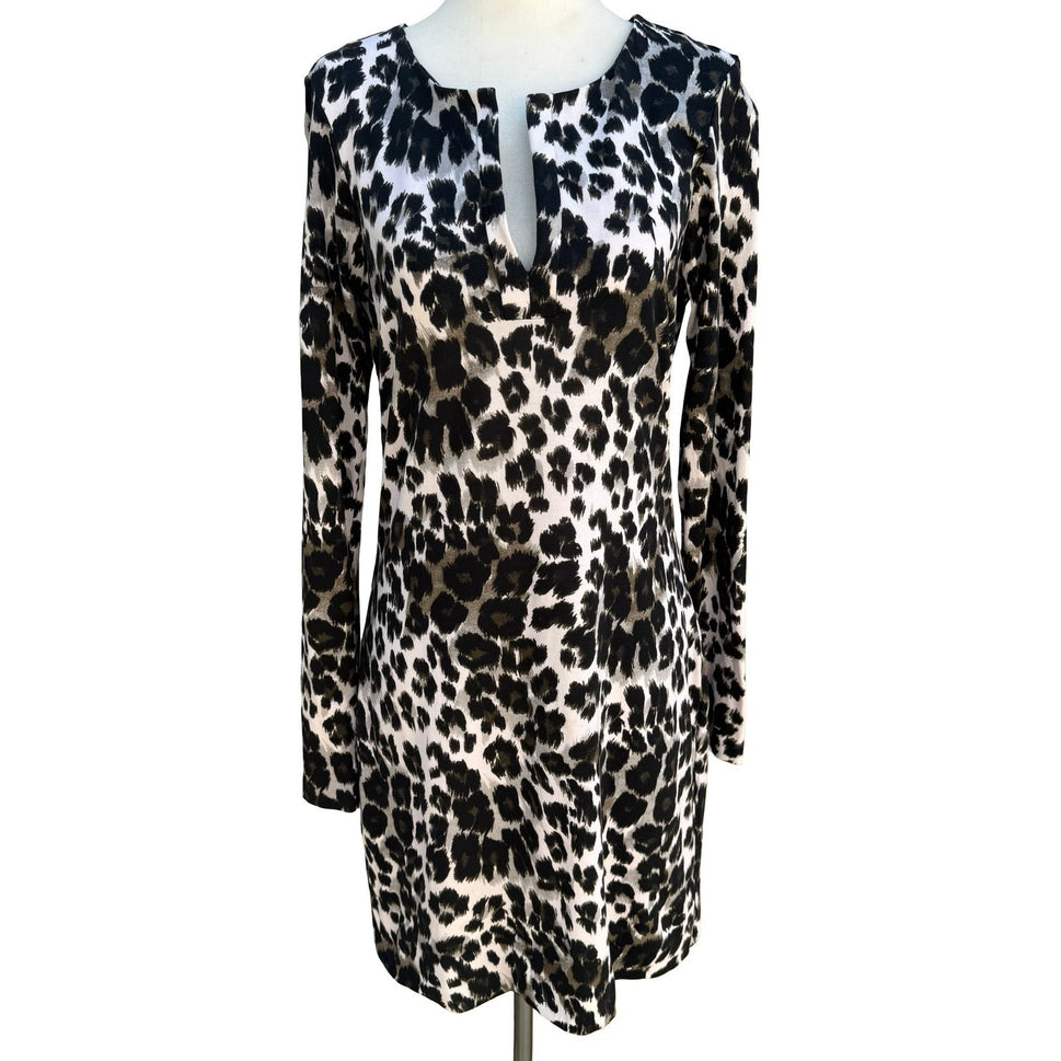 Diane von Furstenberg Reina Snow Cheetah Split Neck Long Sleeve Sheath Dress 6