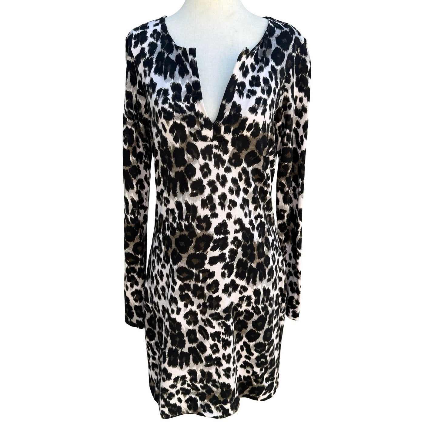 Diane von Furstenberg Reina Snow Cheetah Split Neck Long Sleeve Sheath Dress 6