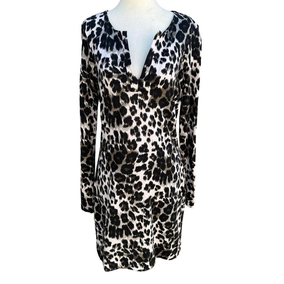 Diane von Furstenberg Reina Snow Cheetah Split Neck Long Sleeve Sheath Dress 6