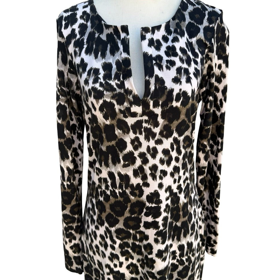Diane von Furstenberg Reina Snow Cheetah Split Neck Long Sleeve Sheath Dress 6