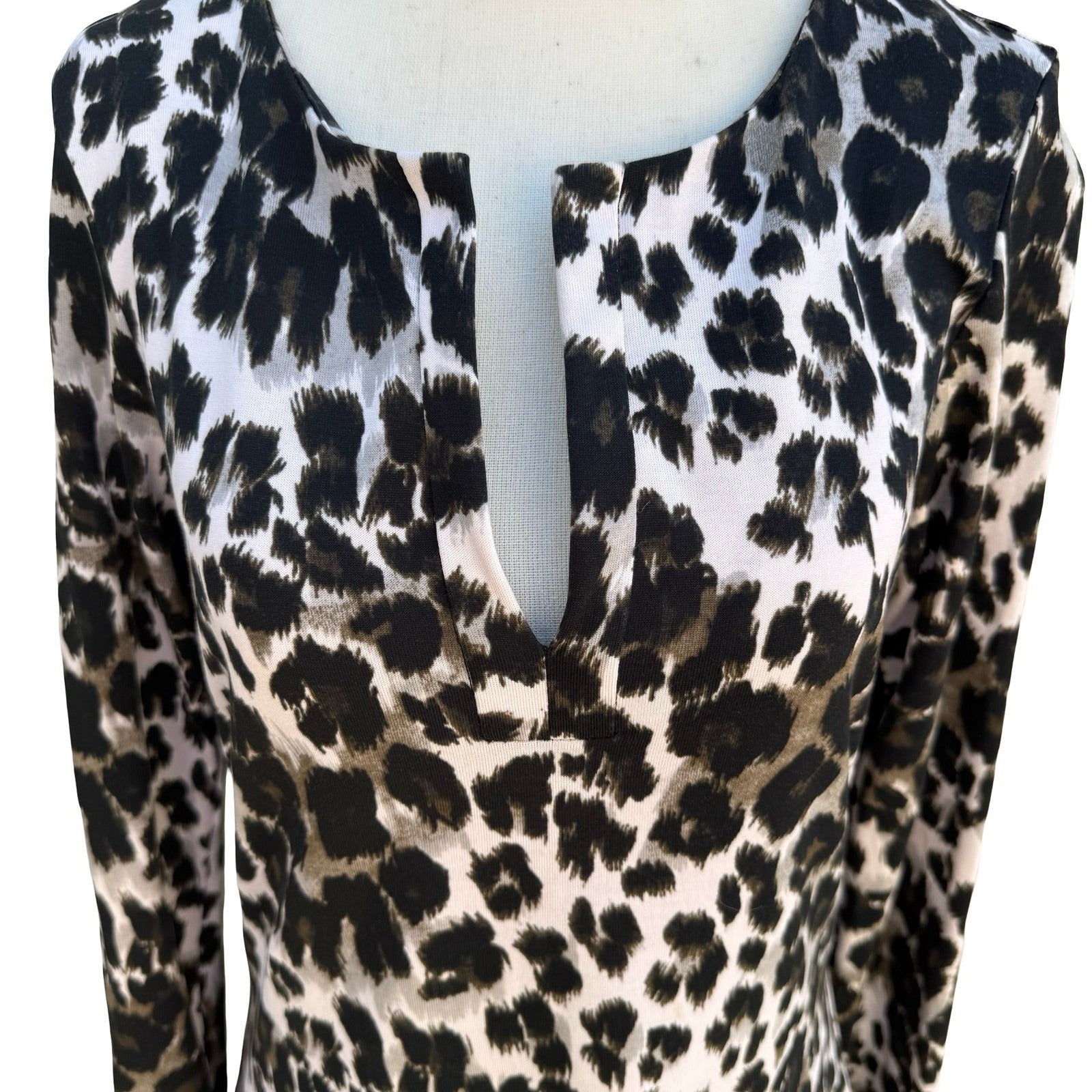 Diane von Furstenberg Reina Snow Cheetah Split Neck Long Sleeve Sheath Dress 6