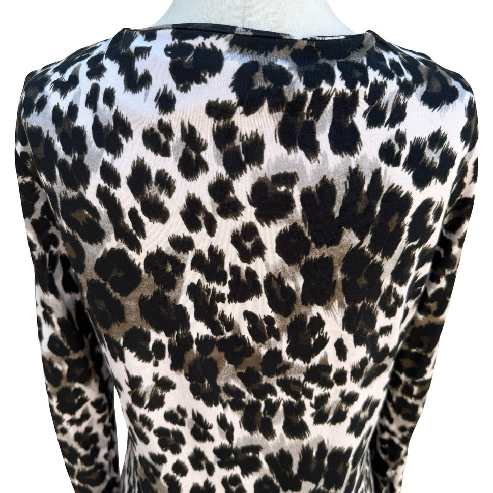 Diane von Furstenberg Reina Snow Cheetah Split Neck Long Sleeve Sheath Dress 6