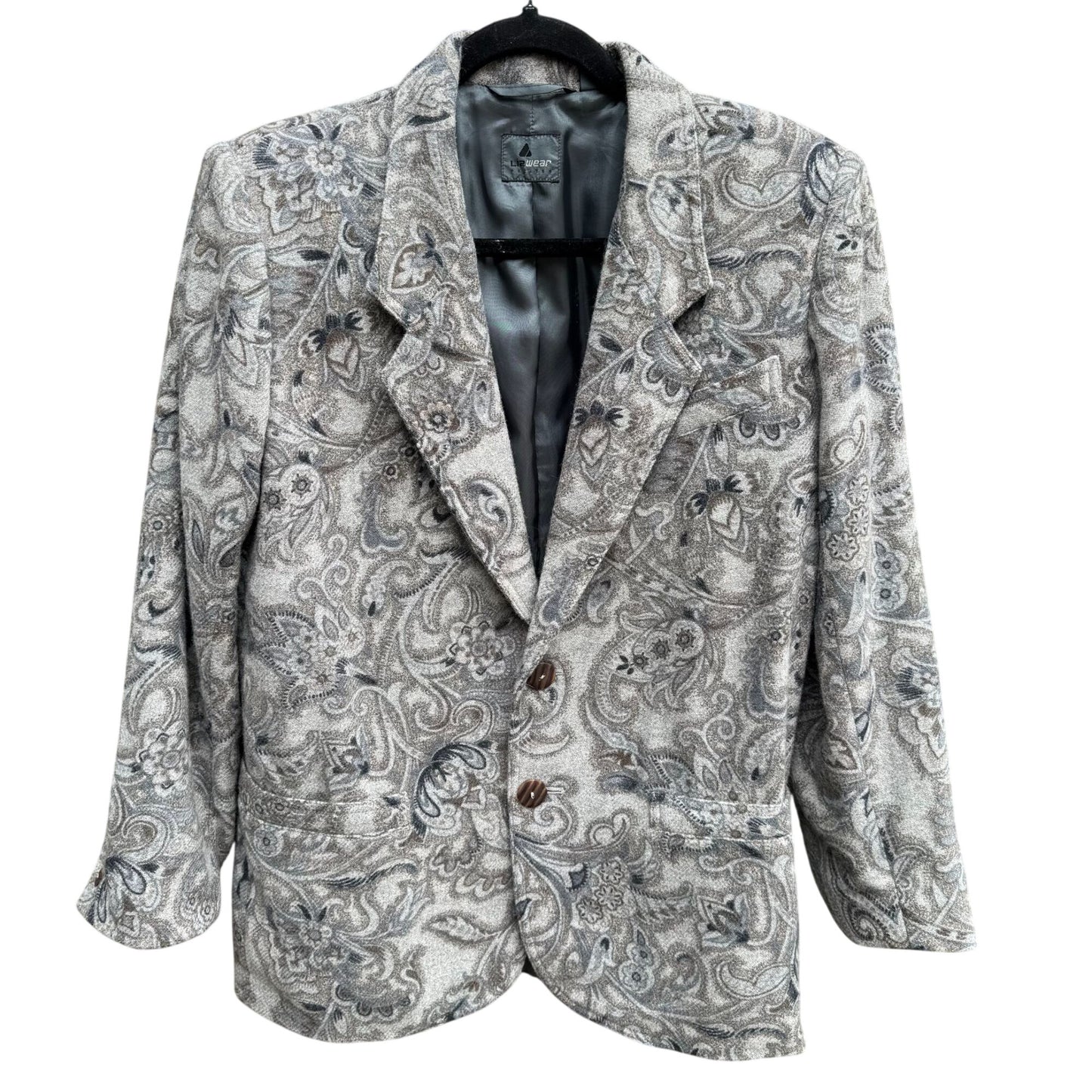 Liz Wear Vintage Womens Paisley Wool Blend Gray Blue Preppy Blazer Jacket 2P