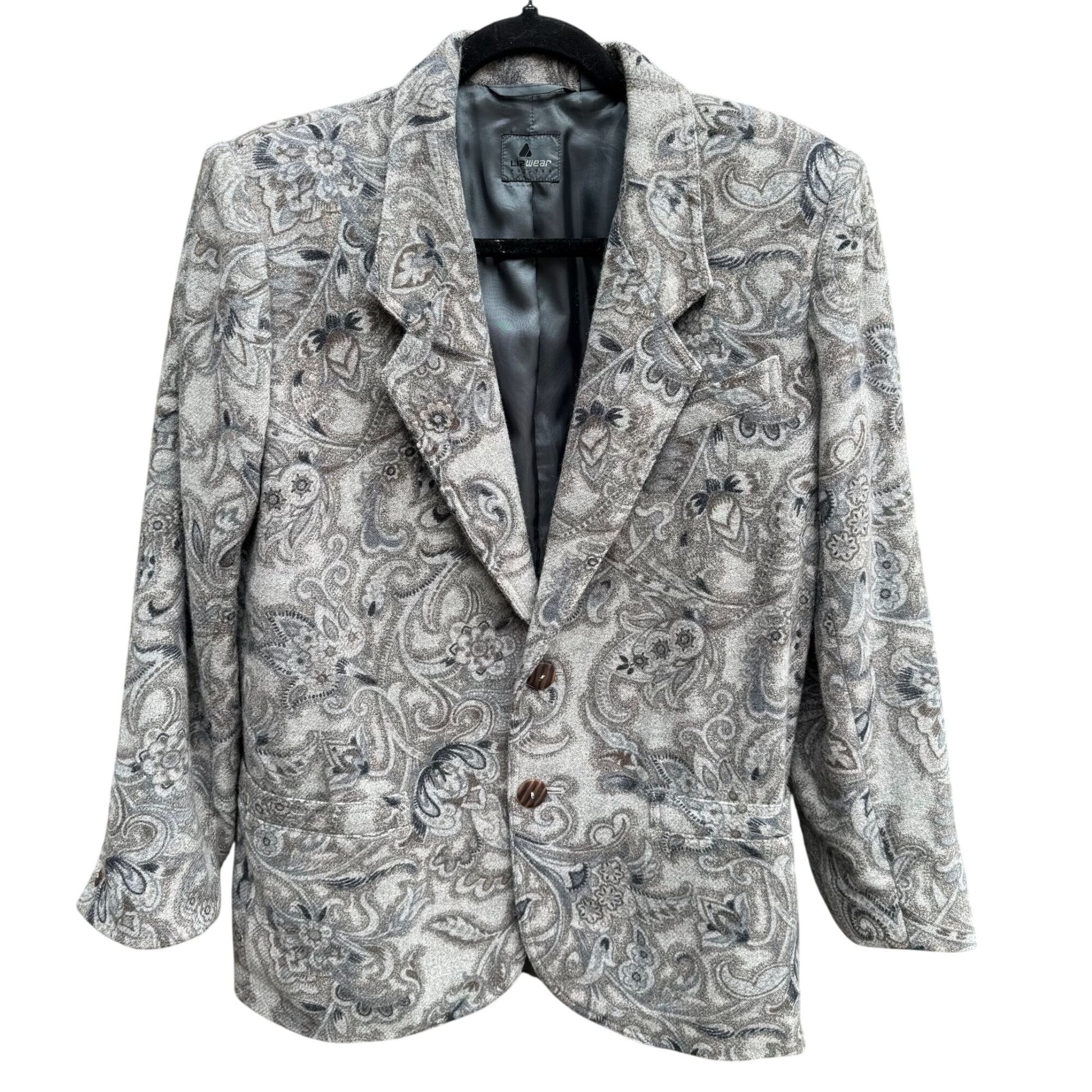 Liz Wear Vintage Womens Paisley Wool Blend Gray Blue Preppy Blazer Jacket 2P