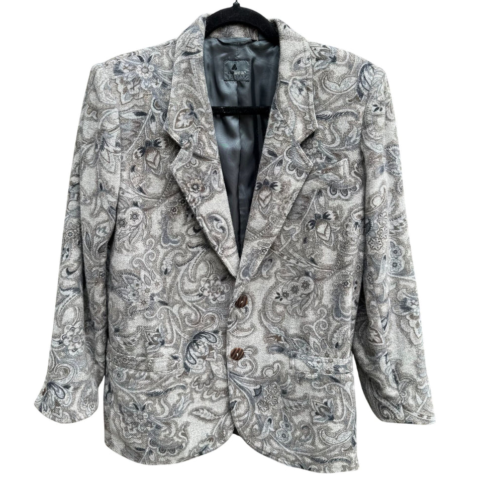 Liz Wear Vintage Womens Paisley Wool Blend Gray Blue Preppy Blazer Jacket 2P