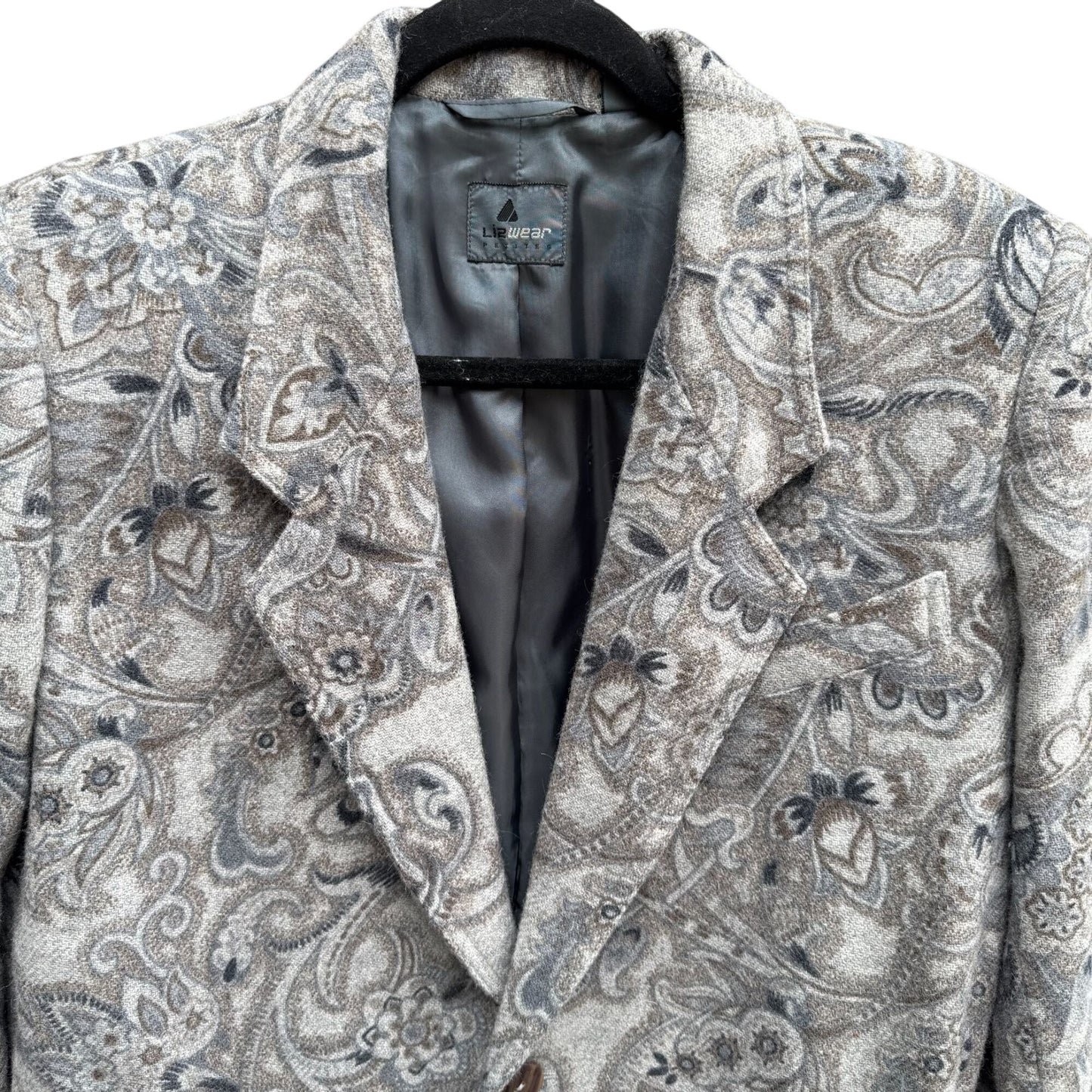 Liz Wear Vintage Womens Paisley Wool Blend Gray Blue Preppy Blazer Jacket 2P