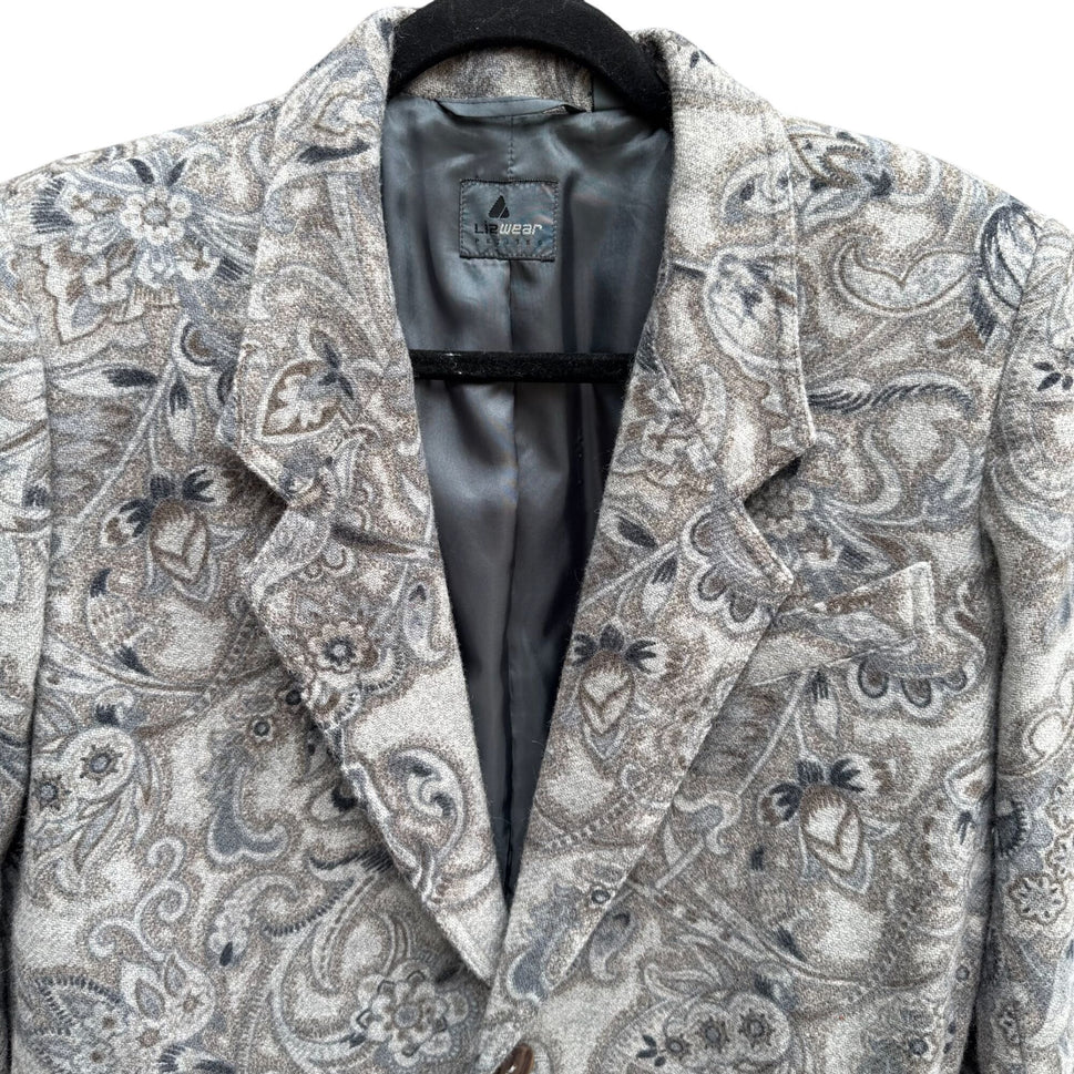 Liz Wear Vintage Womens Paisley Wool Blend Gray Blue Preppy Blazer Jacket 2P