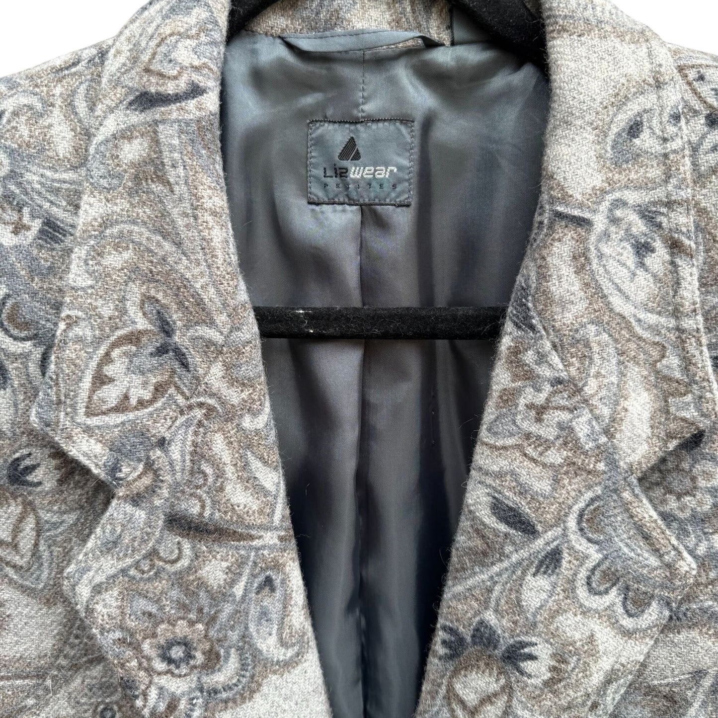 Liz Wear Vintage Womens Paisley Wool Blend Gray Blue Preppy Blazer Jacket 2P