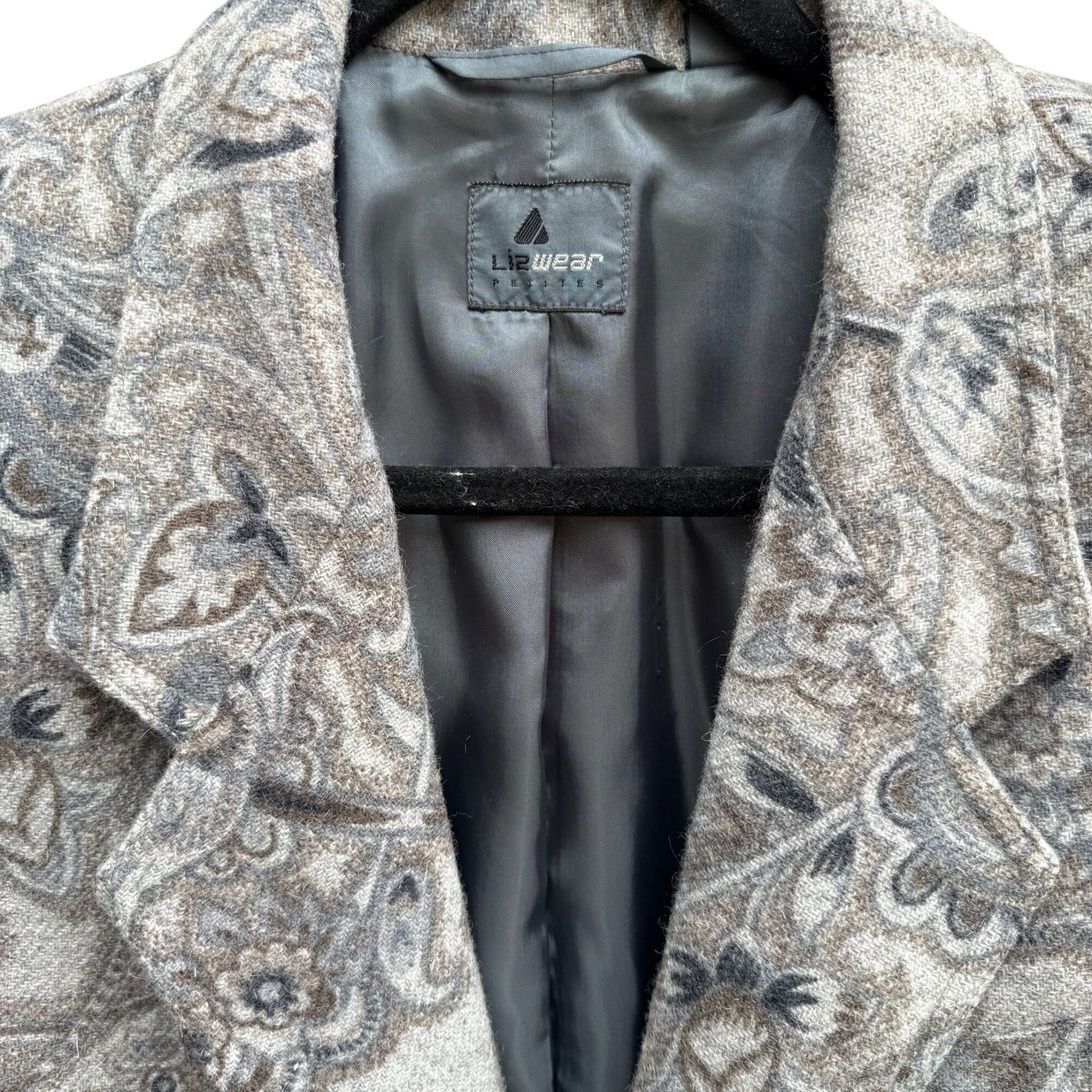 Liz Wear Vintage Womens Paisley Wool Blend Gray Blue Preppy Blazer Jacket 2P