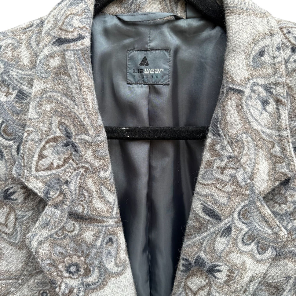 Liz Wear Vintage Womens Paisley Wool Blend Gray Blue Preppy Blazer Jacket 2P